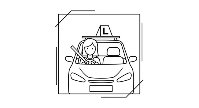 Learner driver in car with L plate, learning to drive, driving lesson, road safety, new driver