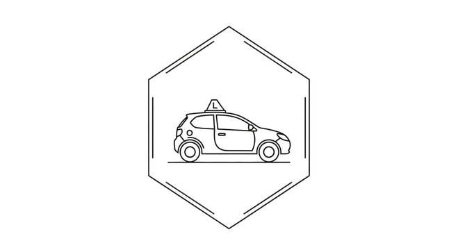 Learning car with L plate inside a hexagon frame, line art icon