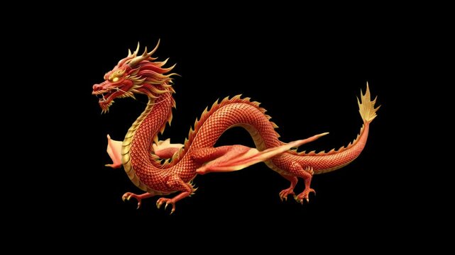 A majestic red Asian dragon with golden accents and wings in profile, isolated on a solid dark black background. Great for Chinese New Year promotions, fantasy game creature assets, martial arts video