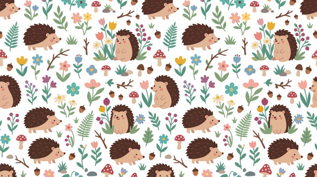 Cute Cartoon Hedgehogs and Woodland Flowers Seamless Pattern for Children's Nature Textile Design