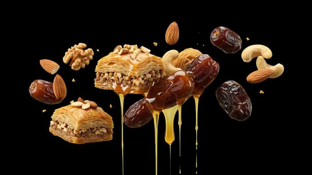 Crisp baklava pieces, fresh dates, and mixed nuts float in mid-air with honey dripping down against a solid black background. Perfect for gourmet dessert advertising, food VFX overlays, and luxury cul