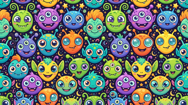 Colorful cartoon alien faces seamless pattern with funny extraterrestrial characters.