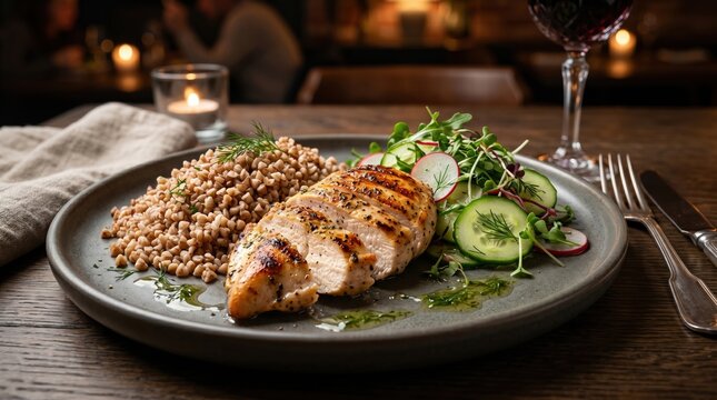 Perfectly grilled chicken breast served with healthy buckwheat and crisp vegetable salad on dark restaurant table.