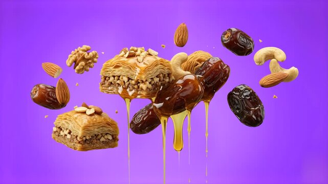 A detailed 3D rendering featuring sweet baklava pastries, dates, and assorted nuts floating in mid-air with dripping honey against a solid purple background. Ideal for Middle Eastern cuisine promotion