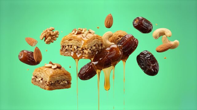 A delicious arrangement of oriental sweets featuring layered baklava pastry, dates, nuts, and dripping golden honey suspended, isolated on a solid green chroma key background. Suitable for Middle East