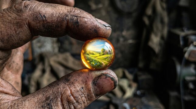 Gritty, calloused hand holds glowing glass orb, reflecting idyllic miniature landscape with cottage and green hills.