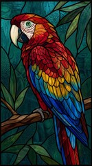 Fototapeta premium Beautiful stained glass window artwork depicting a vibrant colorful scarlet macaw parrot in nature setting