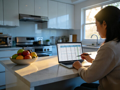 Woman reviews spreadsheet on laptop in kitchen