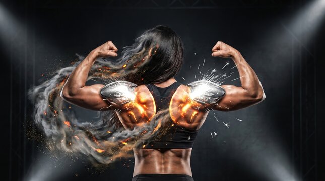 Muscular woman flexing biceps on dark background, showing incredible strength and powerful energy transformation.