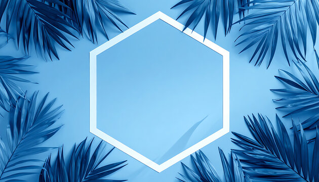 Blue tropical palm leaves frame with central hexagon shape for summer banners