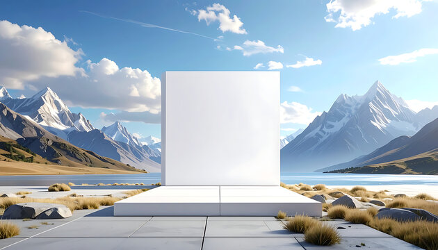 Blank white square podium stand in scenic mountain landscape, outdoor product display