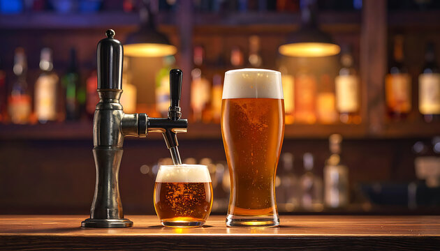 Draft beer pouring from tap into glass at pub bar, golden lager with foam, alcohol beverage