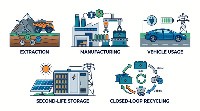 Lifecycle stages of lithium ion battery sustainability and clean energy production process infographic set