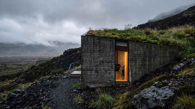 Modern Earth Sheltered House Embedded in Volcanic Basalt Hillside with Green Roof and Concrete Architecture