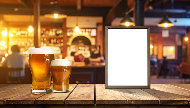 Blank wooden frame mockup with beer glasses on a rustic table in a blurred pub interior