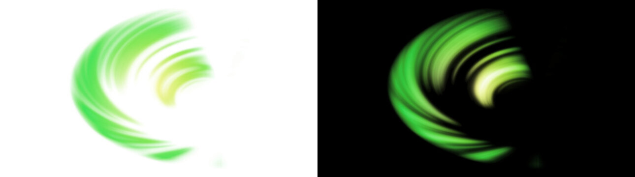 Abstract green spiral vortex of glowing light streaks on transparent background