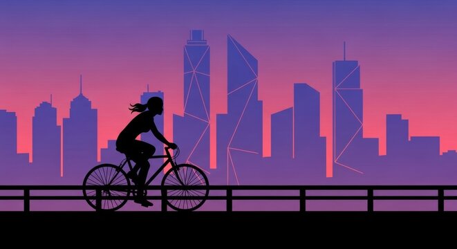 Silhouette of a woman riding a bicycle on a city bridge during a beautiful purple sunset with modern skyscrapers in the background