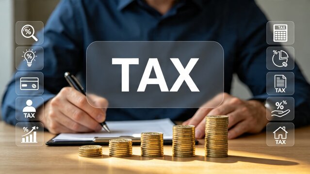 Person calculating taxes with pen on document, stacks of gold coins arranged in ascending order, floating tax-related icons including calculator, percentage, chart, house