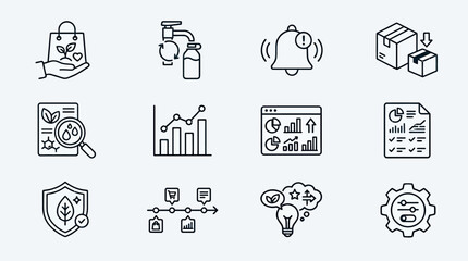 Fototapeta premium A set of modern black line icons depicting various business and technology concepts, including security, communication, and data analysis.