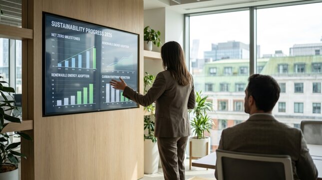 Woman presenting sustainability progress report on large screen to colleague, net zero milestones and renewable energy adoption charts in modern conference room