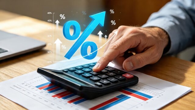 Businessman hand using calculator on financial report with rising percentage arrow graphic overlay, symbolizing profit growth, investment return and economic success analysis