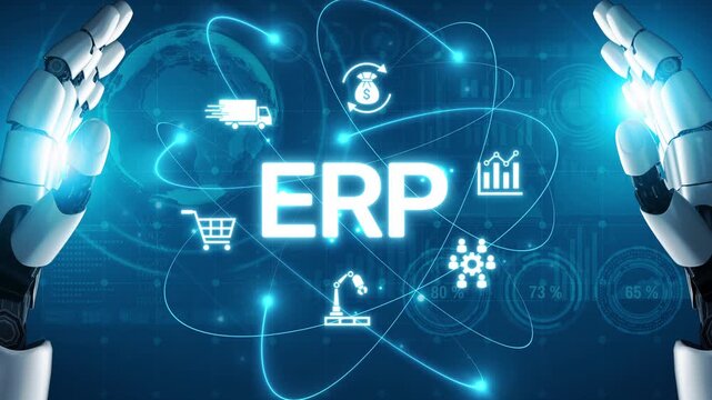 ERP platform visual showing centralized system for enterprise resource planning, improving integration, data flow, business efficiency, finance, inventory, and human resources. Muxer