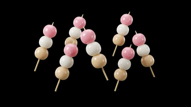 Multiple sweet Japanese dango rice dumplings on wooden skewers fall and float gracefully against a solid black background. This elegant 3D food asset is ideal for Asian culinary videos, dessert menus,