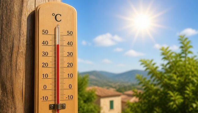 Thermometer Measuring Heat: A close-up shot of a wooden thermometer showing a high temperature in Celsius against a backdrop of a bright sun, blue sky, and green foliage, indicating a hot summer day.