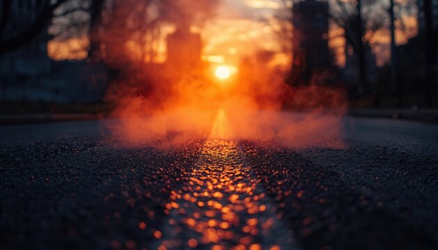 Mysterious Haze on Asphalt: A surreal, atmospheric scene unfolds on an asphalt road as the sun breaks through a thick, orange haze, creating an otherworldly glow.