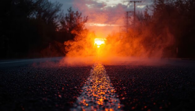 Mysterious Road at Sunset: A desolate asphalt road stretches into the horizon, enveloped in a mystical, fiery haze as the sun sets, casting long shadows and an ominous glow.