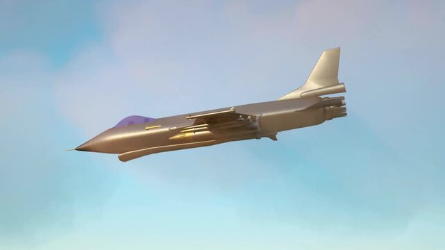 3D animation of fighter jet flying through clouds in 4K Ultra HD footage
