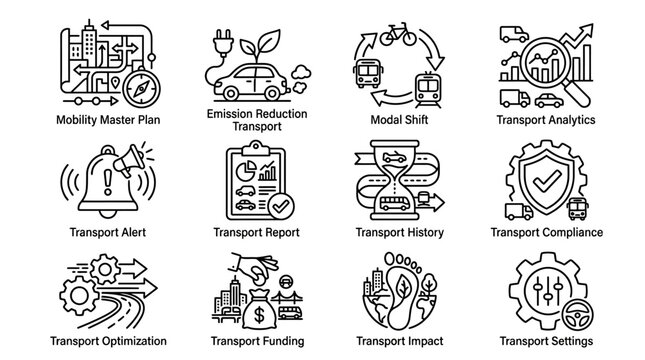 A set of 12 black line icons related to transportation and logistics concepts, including planning, analytics, optimization, and management, in a simple modern style on white background for b