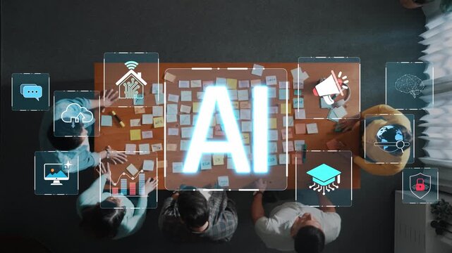 A top-down view of a collaborative brainstorming session focused on artificial intelligence, showcasing diverse team members engaging with sticky notes and digital elements. Raster