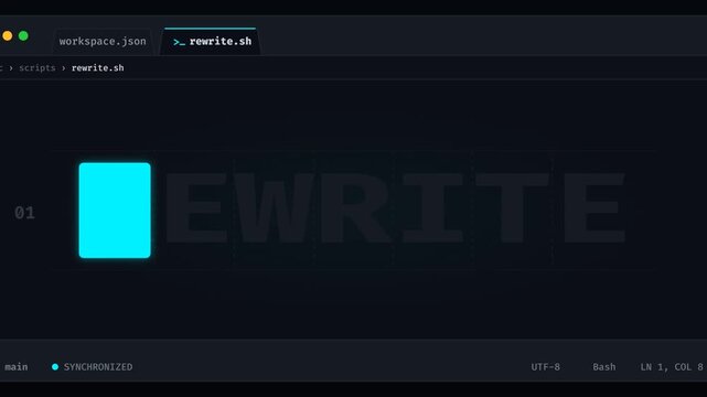 Dynamic Digital Text Animation Featuring The Word Rewrite With A Moving Cyan Cursor Block.