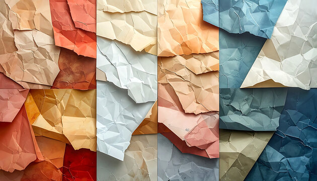 Collage of crumpled paper sheets in various colors and textures, overlapping folded paper fragments, modern background