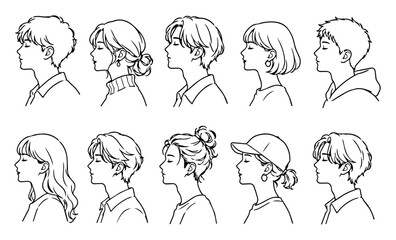 横顔プロフィール人物セット・ヘアスタイル・線画・ベクター   Side Profile Portrait Collection – Men & Women Hairstyles Line Art Illustration Vector © Aki Creative