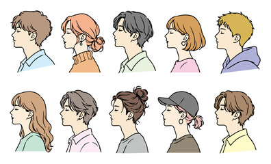 横顔プロフィール人物セット・ヘアスタイル・線画・ベクター・カラー   Side Profile Portrait Collection – Men & Women Hairstyles Line Art Illustration Vector Color © Aki Creative