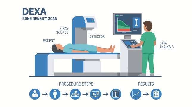 DEXA Bone Density Scan Machine in Hospital - Infographic Vector Template