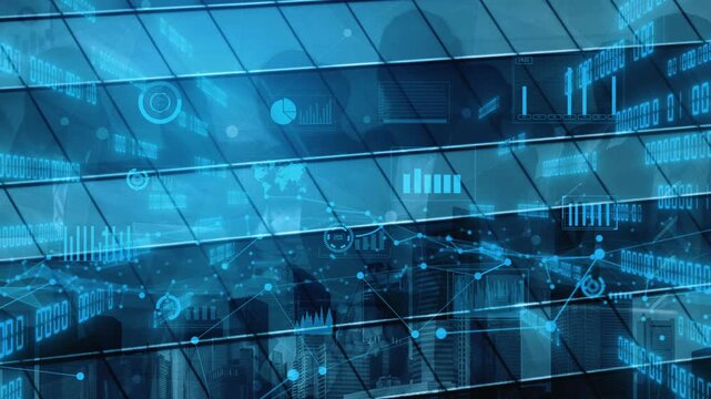 A futuristic digital interface showcases data visualizations and graphs on a glass wall, highlighting technology interplay in a business-focused urban atmosphere. Xenic