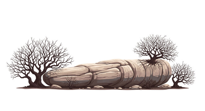 Landscape illustration featuring bare leafless trees growing around and on top of a large grey elongated rock on a white background.