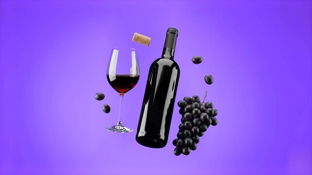 A premium red wine bottle and a freshly poured glass float seamlessly in mid-air alongside dark grapes and a flying cork over a rich purple background. This striking 3D conceptual visual is tailored f