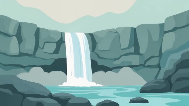 Cartoon Waterfall Scene with Layered Rocks and Turquoise Water