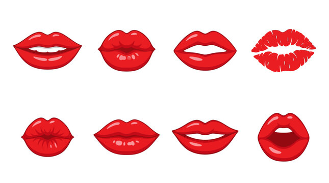 Red female lips with various expressions and lipstick kiss marks