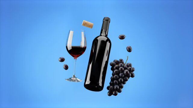 A professional 3D render featuring a dark red wine bottle, a filled wine glass, floating corks, and a fresh cluster of black grapes over a solid blue backdrop. This high-end visual is perfect for wine