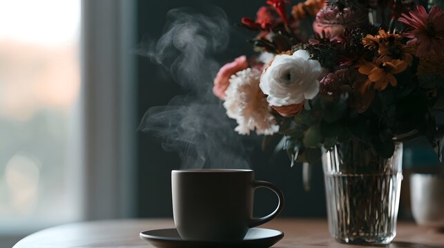 A steaming cacao drink sits beside a vase of colorful flowers creating a scene of serene wonder and calm