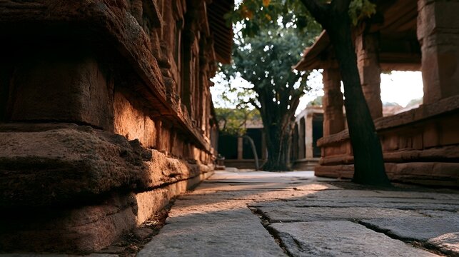 A worm s eye view captures the ancient stone courtyard of a temple highlighting rustic textures and the interplay of warm sunlight and cool shadows