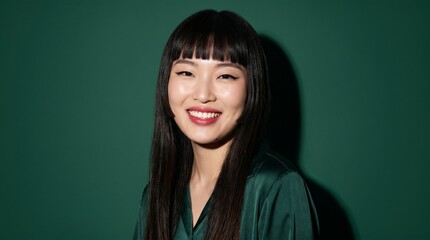 Fototapeta premium Elegant Young Asian Woman With Long Dark Hair Smiling Against A Deep Green Background