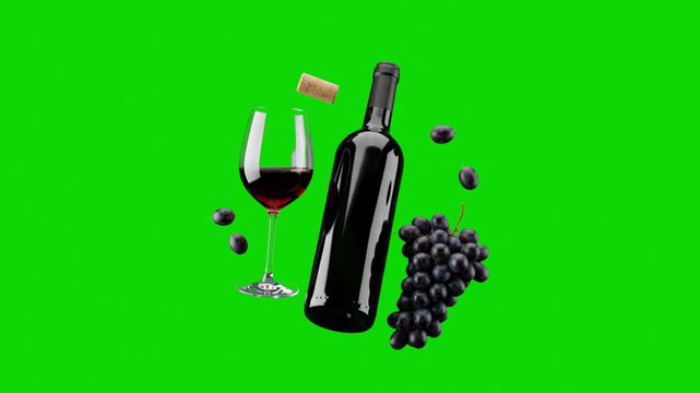 A premium 3D composition showing a dark red wine bottle, a filled wineglass, a flying cork, and fresh dark grapes isolated against a green chroma key backdrop. Excellent for restaurant ads, winery pro