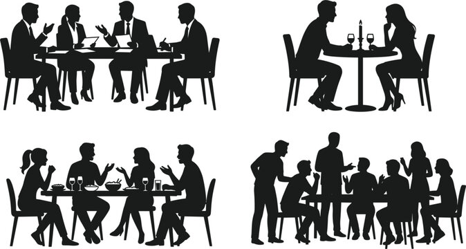 People dining and business meeting at restaurant tables silhouettes vector set, group lunch icon collection