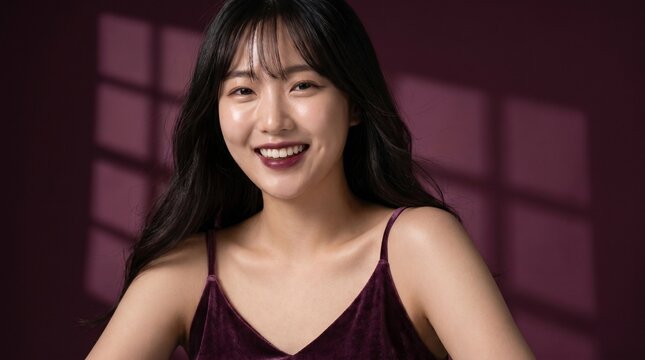 Medium Close-up Beauty Portrait of a Smiling Young Asian Woman in Velvet Apparel